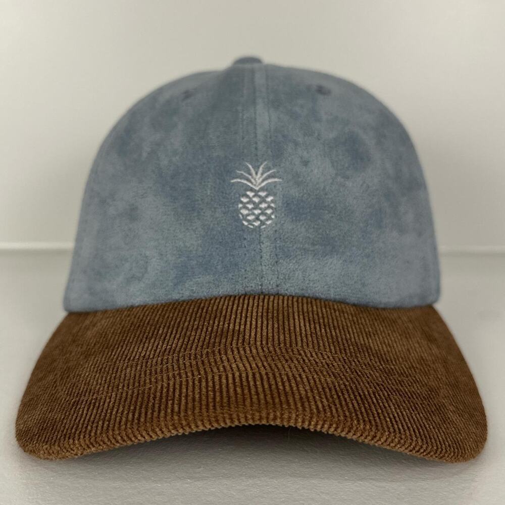 Qilo Pineapple logo suede 5 Panel Adjustable Strapback Hat Blue Brown Dad Cap